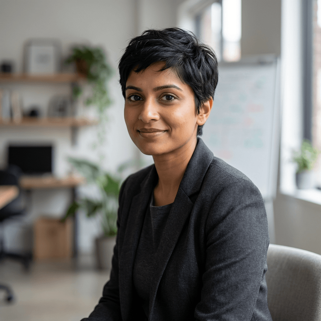 Priya Iyer in a white blouse in a bright conference room