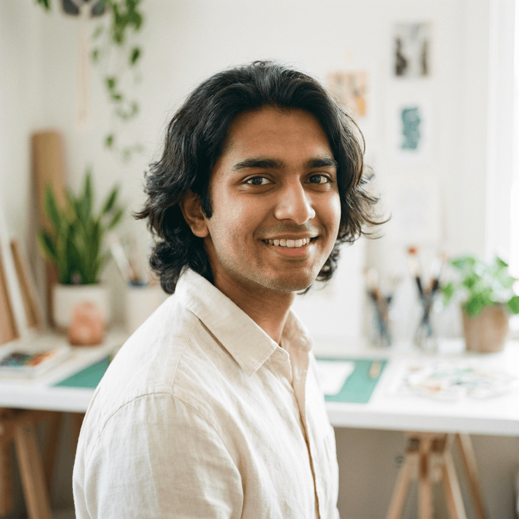 Arjun Desai smiling in a bright modern workspace