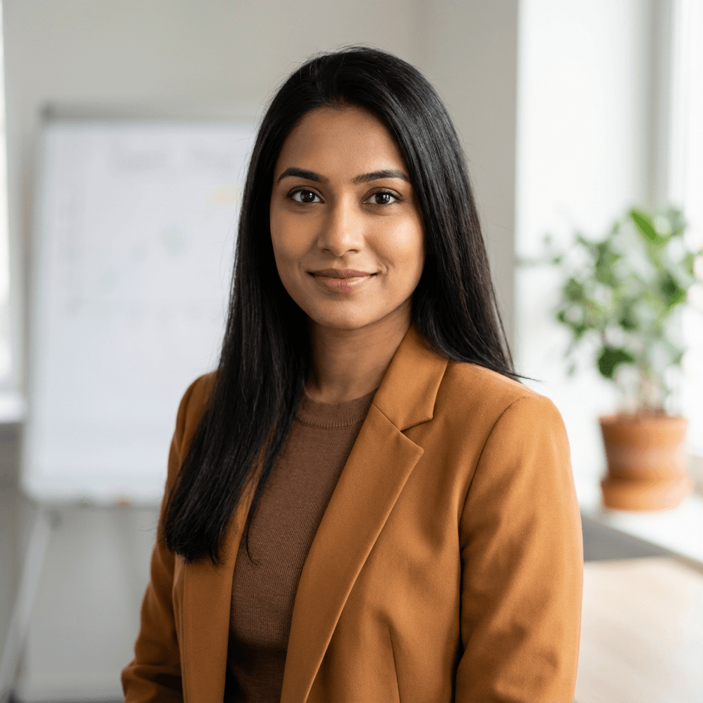 Ananya Sharma in a navy blazer in a modern office