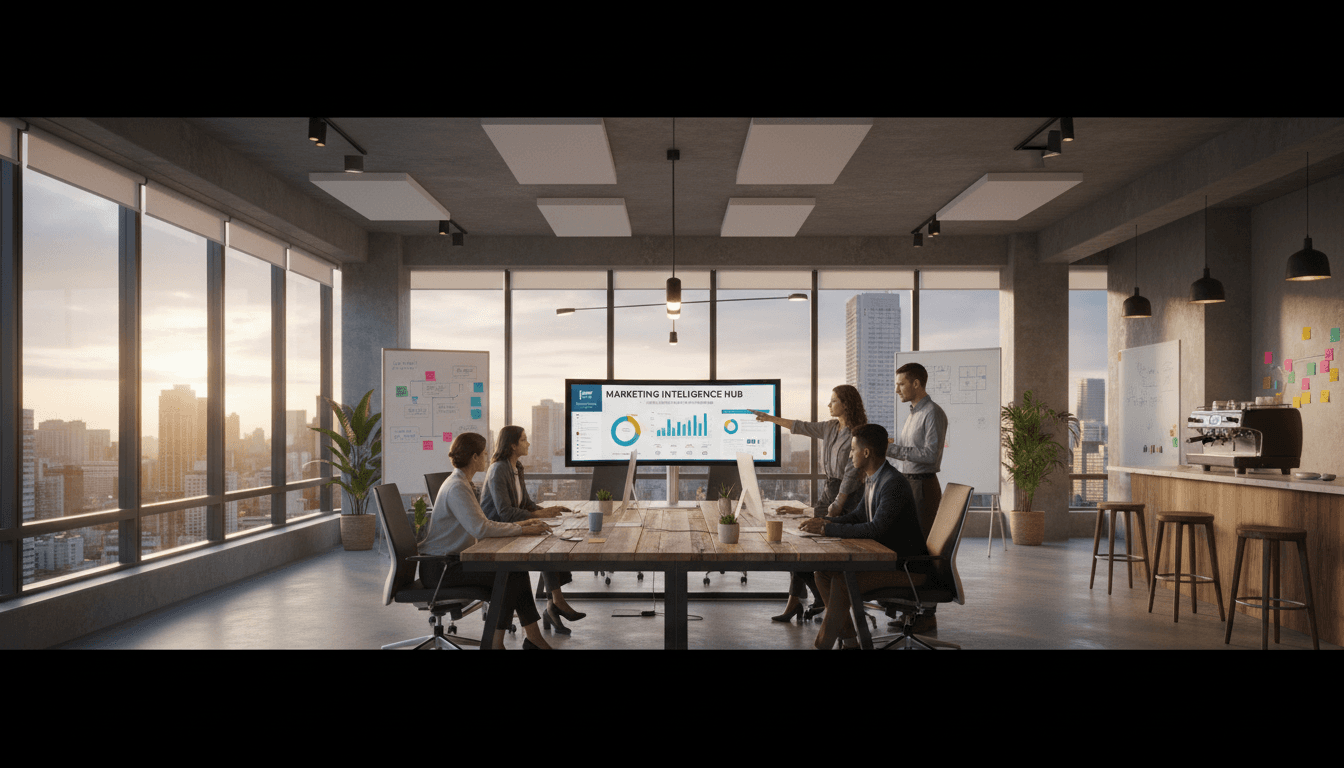 Marketing agency office with data analytics dashboard on screen and team collaborating