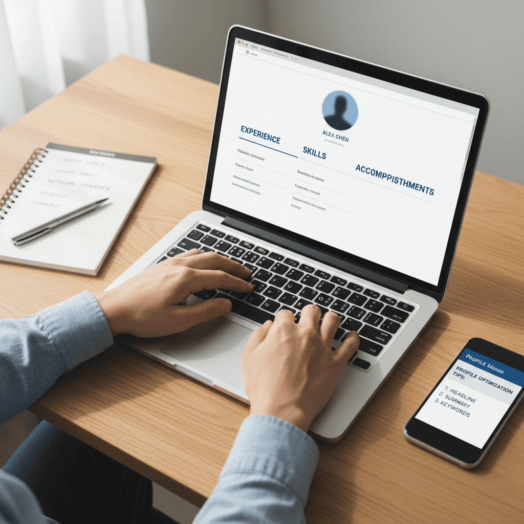 Professional viewing LinkedIn profile and business networking on desktop