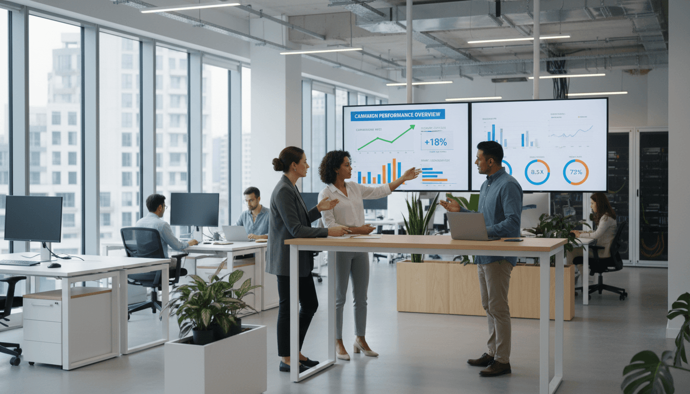 Marketing team analyzing performance dashboard with conversion data