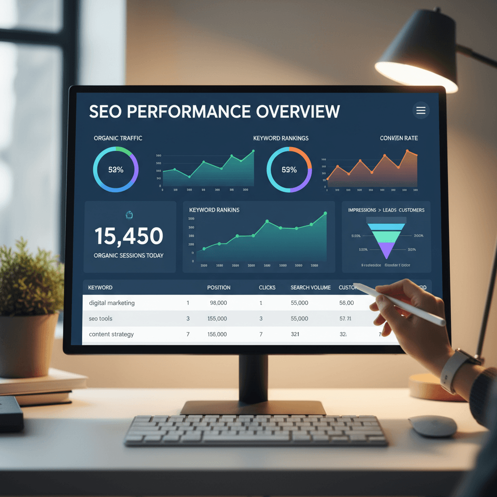 SEO analytics report showing keyword rankings and traffic growth