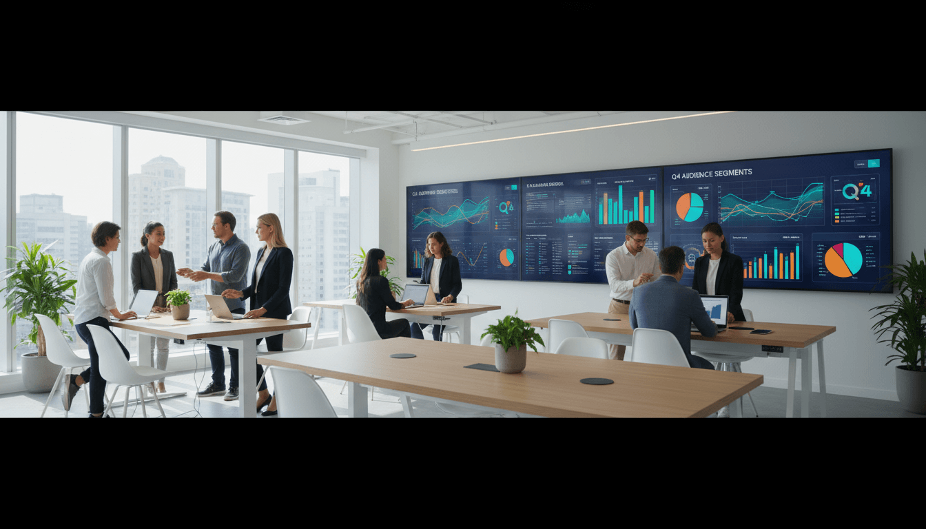 Marketing team analyzing data on multiple screens in a bright modern office