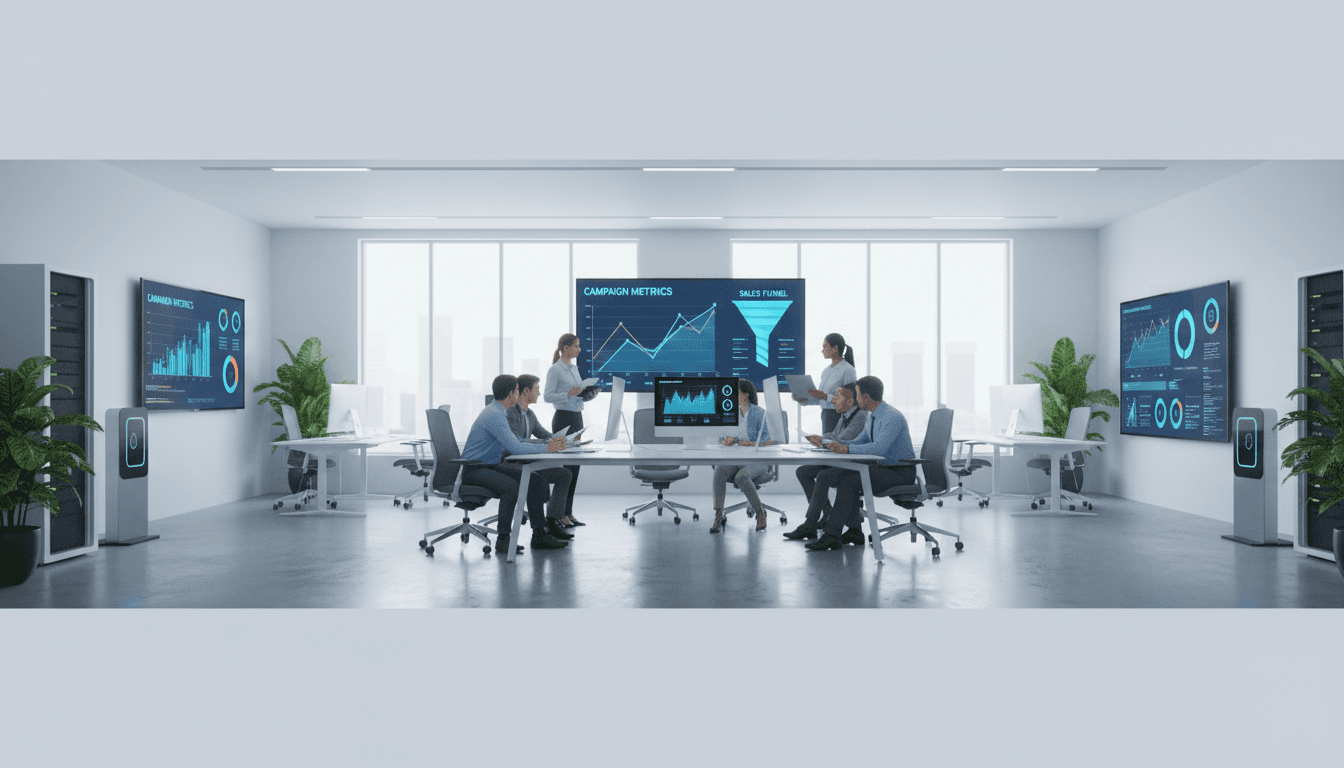 Marketing professionals reviewing campaign analytics on screens in a bright modern office